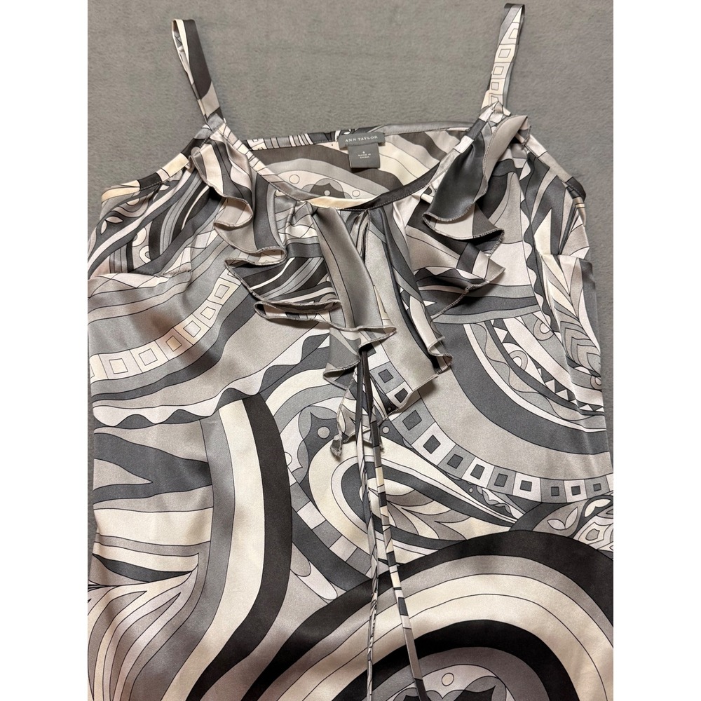 Babydoll Silk‎ Blend Abstract Print Ruffle Tie Neck Camisole Y2K Retro Coquette - Picture 2 of 7